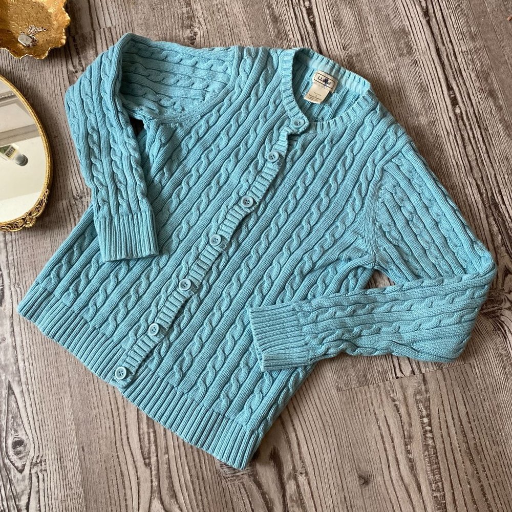 Vintage L.L. Bean Blue Chunky Knit Button Down Cardigan Sweater Size Small